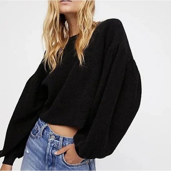 Free People M Crop Black Sleeves Like These French Terry Cloth Women's Sweater - Picture 1 of 13